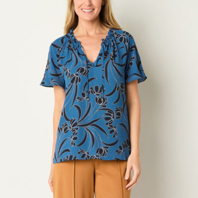 Liz Claiborne Womens Split Tie Neck Short Sleeve Blouse