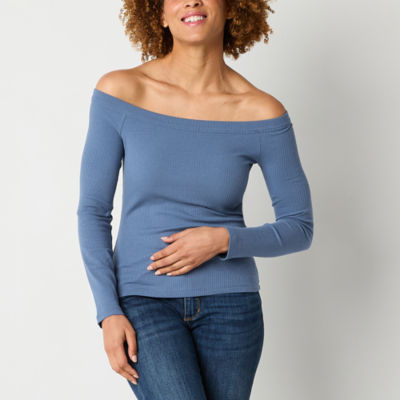 a.n.a Womens Long Sleeve Off the Shoulder Ribbed Top