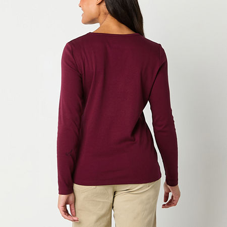 St. John's Bay Womens Crew Neck Long Sleeve T-Shirt, Petite Medium, Red