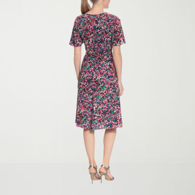 London Style Womens Short Sleeve Floral Midi Fit + Flare Dress