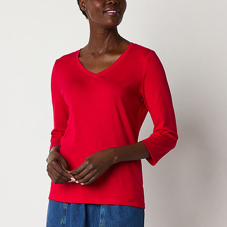 St. John's Bay Womens V Neck 3/4 Sleeve T-Shirt, Petite X-small, Red