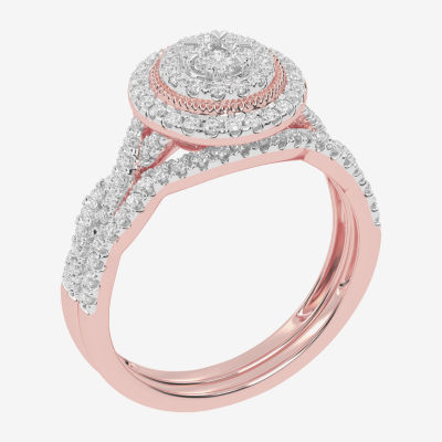 Womens / CT. T.W. Natural White Diamond 10K Gold Round Side Stone Halo Bridal Set