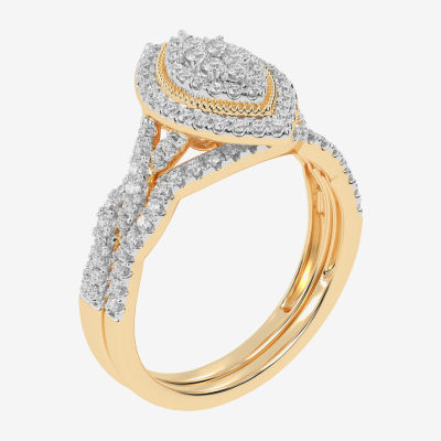 Womens 1 1/2 CT. T.W. Mined White Diamond 10K White Gold Marquise Side Stone Halo Bridal Set
