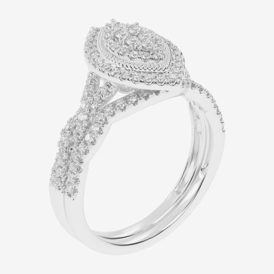 Womens 1/2 CT. T.W. Natural White Diamond 10K White Gold Marquise Side Stone Halo Bridal Set
