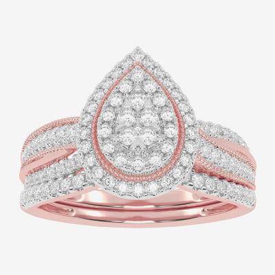 Womens 1/2 CT. T.W. Mined White Diamond 10K Rose Gold Pear Side Stone Halo Bridal Set