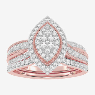 Womens 1/2 CT. T.W. Mined White Diamond 10K Rose Gold Marquise Side Stone Halo Bridal Set