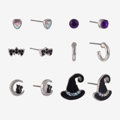 Arizona Halloween Silver Tone Womens Purple Glass 6 Pair Earring Set