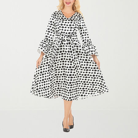 Giovanna Signature Womens Long Sleeve Polka Dot Midi A-Line Dress Plus