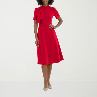 Ivy & Blue Womens Short Sleeve Midi Fit + Flare Dress