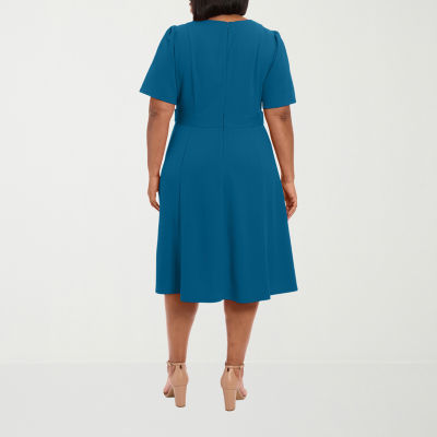London Times Womens Short Sleeve Midi Fit + Flare Dress Plus