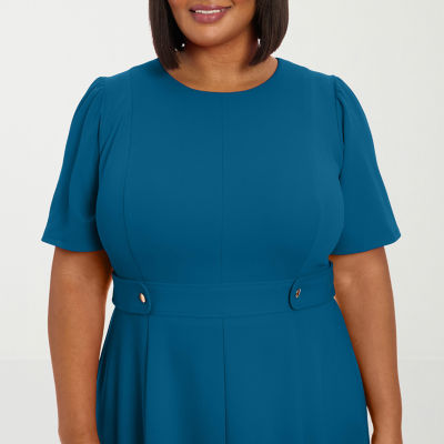London Times Womens Short Sleeve Midi Fit + Flare Dress Plus