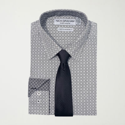 Nick Graham Mens Spread Collar Long Sleeve Shirt + Tie Set Fitted