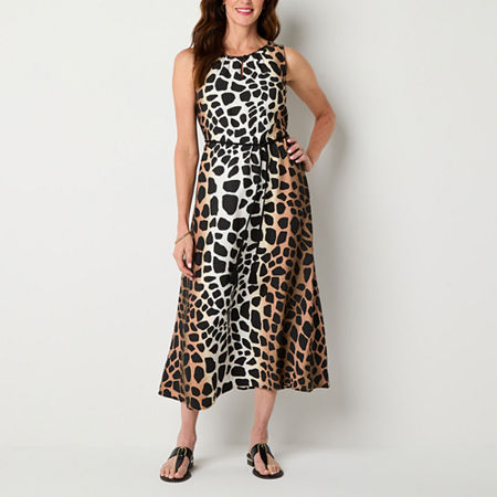 Liz Claiborne Womens Sleeveless Animal Midi A-Line Dress