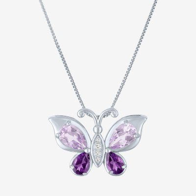 Womens Genuine Purple Amethyst Pure Silver Over Brass Butterfly 16 Inch Pendant Necklace