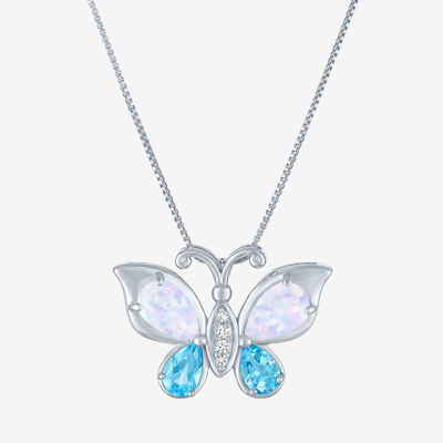 Womens Lab Created White Opal Pure Silver Over Brass Butterfly 16 Inch Pendant Necklace