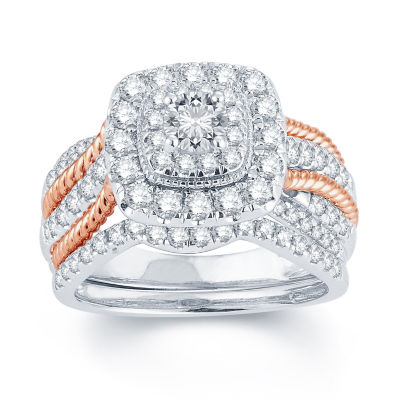 Womens 1 1/2 CT. T.W. Natural White Diamond 14K Two Tone Gold 14K White Gold Cushion Side Stone Halo Bridal Set