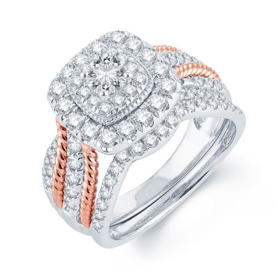 Womens 1 1/2 CT. T.W. Natural White Diamond 14K Two Tone Gold 14K White Gold Cushion Side Stone Halo Bridal Set