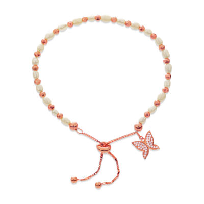 White Cultured Freshwater Pearl 18K Rose Gold Over Silver Butterfly Bolo Bracelet