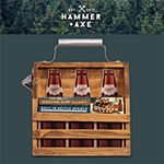 Hammer + Axe Wooden Bottle Caddy Six-Pack Beer Carrier with Built-In Metal Bottle Opener