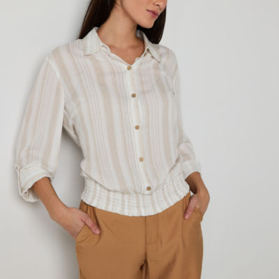 by&by Juniors Womens 3/4 Sleeve Regular Fit Button-Down Shirt