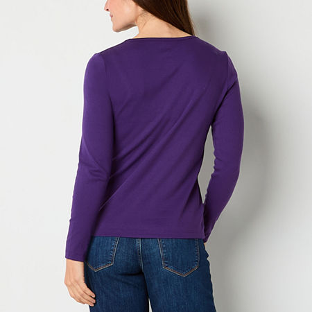 St. John's Bay Womens Crew Neck Long Sleeve T-Shirt, Petite Large, Purple