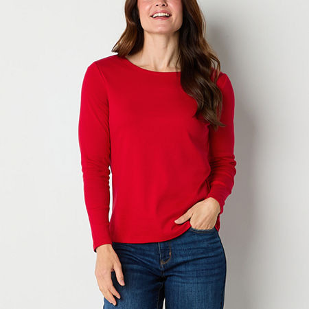 St. John's Bay Womens Crew Neck Long Sleeve T-Shirt, Petite Xx-large, Red