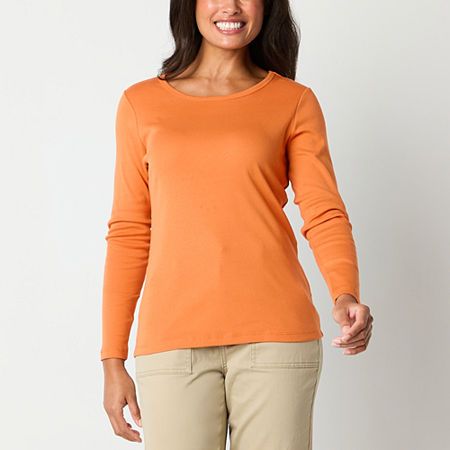 St. John's Bay Womens Crew Neck Long Sleeve T-Shirt, Large, Orange