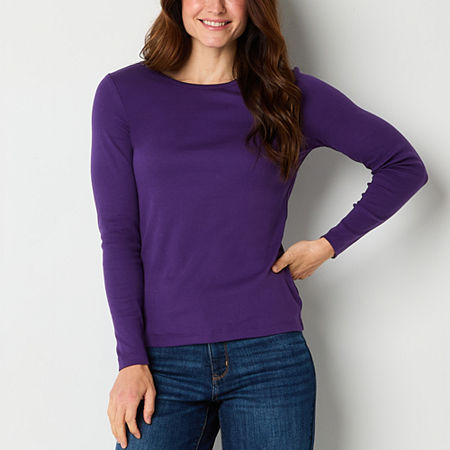 St. John's Bay Womens Crew Neck Long Sleeve T-Shirt, Petite Large, Purple