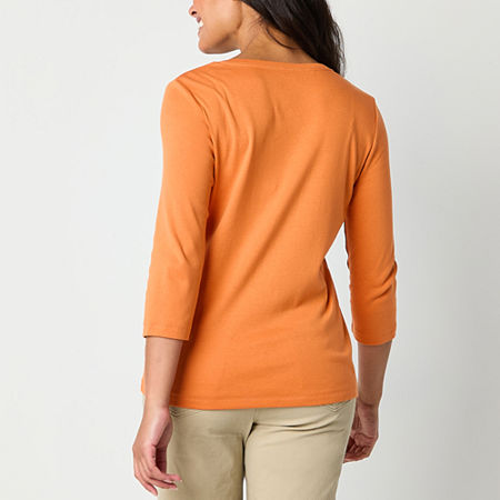 St. John's Bay Womens V Neck 3/4 Sleeve T-Shirt, Petite Large, Orange