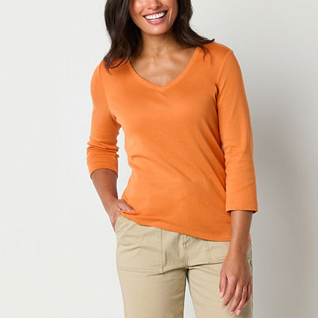 St. John's Bay Womens V Neck 3/4 Sleeve T-Shirt, Medium, Orange