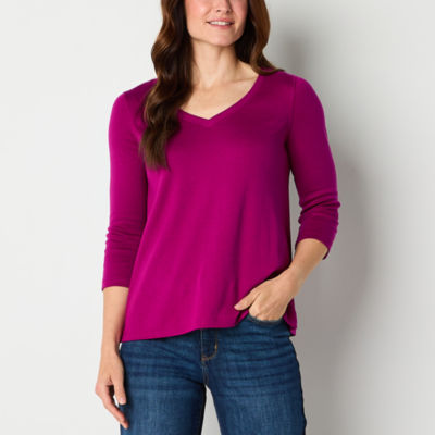 St. John's Bay Womens V Neck 3/4 Sleeve Adaptive Easy-on + Easy-off T-Shirt