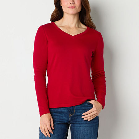 St. John's Bay Womens V Neck Long Sleeve T-Shirt, Xx-large, Red