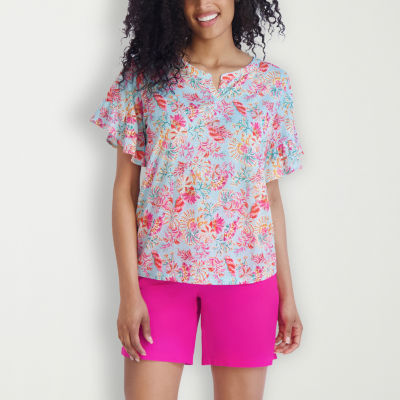 Stella Parker Womens Henley Neck Short Sleeve Blouse