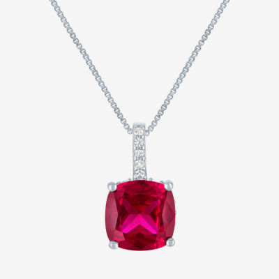 Womens Lab Created Red Ruby Sterling Silver Cushion 18 Inch Pendant Necklace