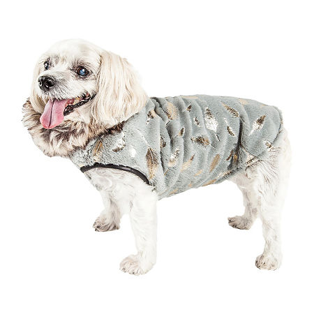 Pet Life Luxe 'Gold-Wagger' Gold-Leaf Designer Fur Dog Jacket Coat, Large, Gray