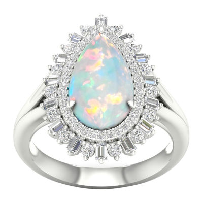 Womens Lab Created White Opal Sterling Silver Halo Cocktail Ring