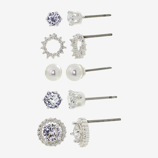 Sparkle Allure Light Up Box 5 Pair Cubic Zirconia Simulated Pearl Round Earring Set