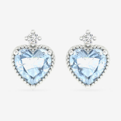 Diamond Accent Genuine Blue Aquamarine 10K White Gold 8.4mm Heart Stud Earrings