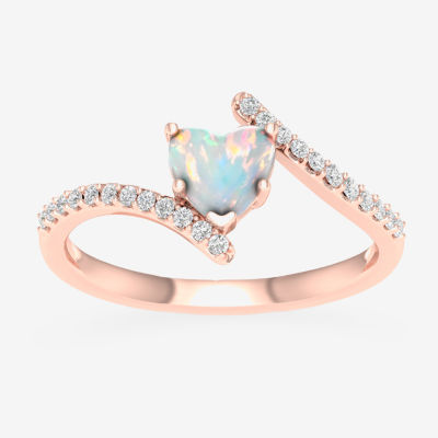 Womens Genuine Opal & 1/6 CT. T.W. Diamond 10K Rose Gold Heart Bypass Cocktail Ring