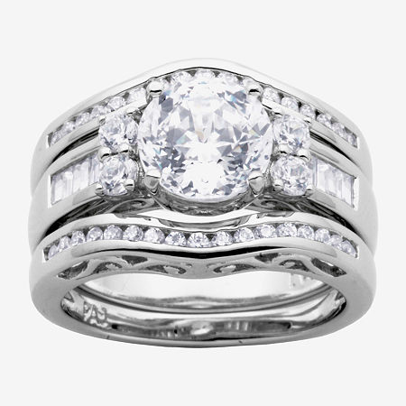 100 Facets by DiamonArt Cubic Zirconia Sterling Silver 3-Ring Bridal Ring Set, 9, Sterling Silver
