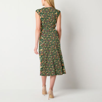 Perceptions Womens Sleeveless Floral Midi Fit + Flare Dress