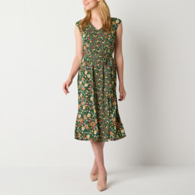 Perceptions Womens Sleeveless Floral Midi Fit + Flare Dress