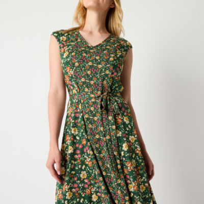 Perceptions Womens Sleeveless Floral Midi Fit + Flare Dress