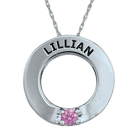 Personalized Simulated Birthstone Engraved Open Circle Pendant Necklace, One Size, White