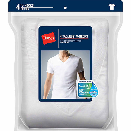 Hanes FreshIQ ComfortSoft Mens 4 Pack V-Neck Undershirt, Large, White