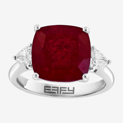 Effy  Womens Lab Created Red Ruby and 1/5 CT.T.W Grown Diamond 14K White Gold Cushion Cocktail Ring