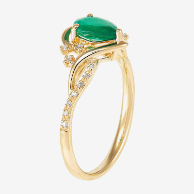 Womens Diamond Accent Genuine Green Emerald 10K Gold Pear Cocktail Ring