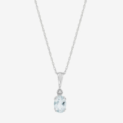 Womens Diamond Accent Genuine Blue Aquamarine 10K White Gold Oval Pendant Necklace