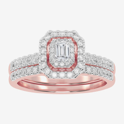 Womens 1/ CT. T.W. Mined White Diamond 10K Rose Gold Cushion Side Stone Halo Bridal Set