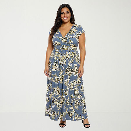 24seven Comfort Apparel Womens Plus V Neck Short Sleeve Maxi Dress